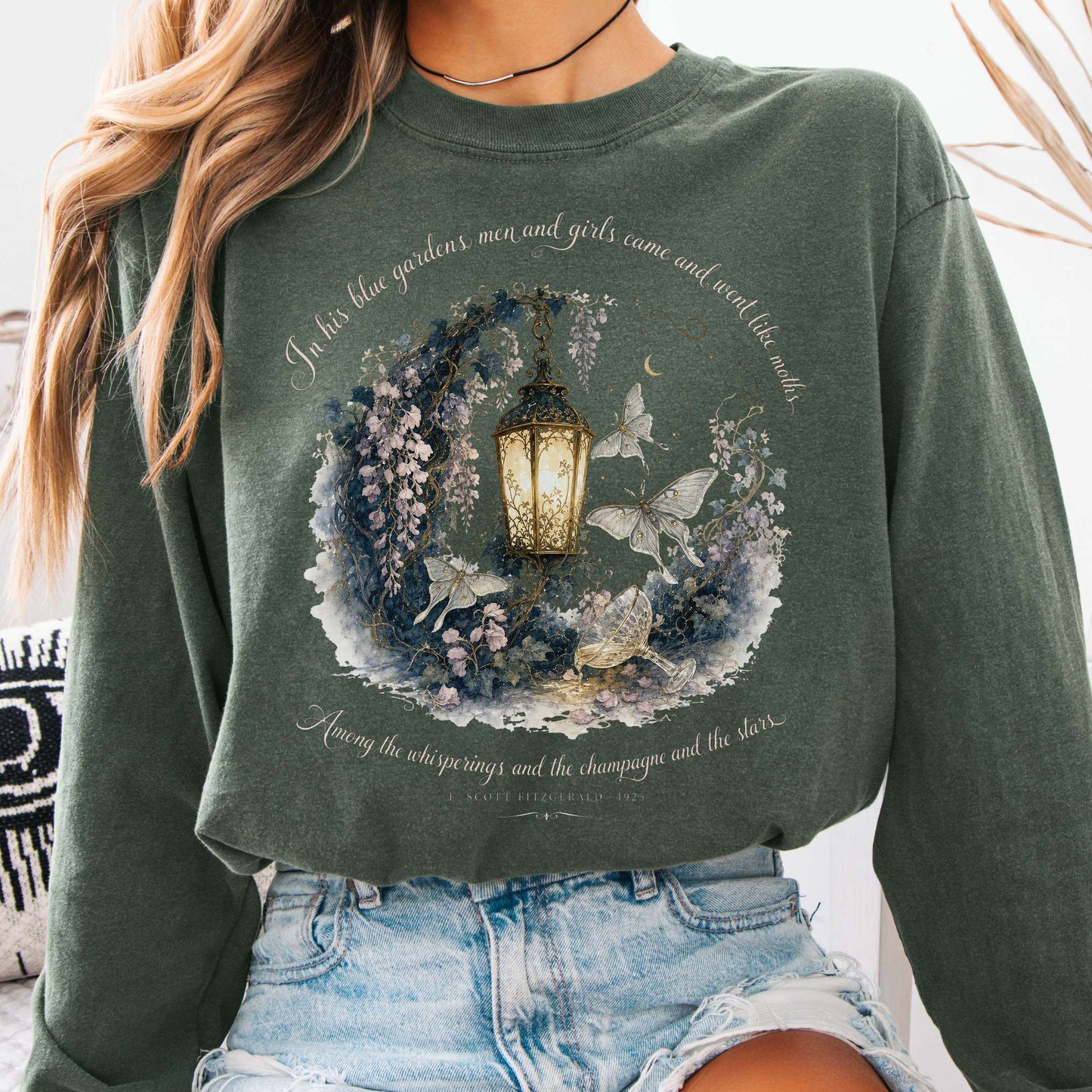 Long-sleeve Hemp / S In His Blue Gardens The Great Gatsby Literary Long Sleeve The Mystic Eden