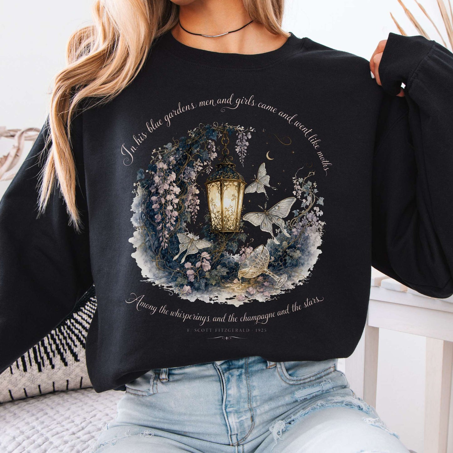 Sweatshirt Black / S In His Blue Gardens The Great Gatsby Literary Crewneck Sweatshirt The Mystic Eden