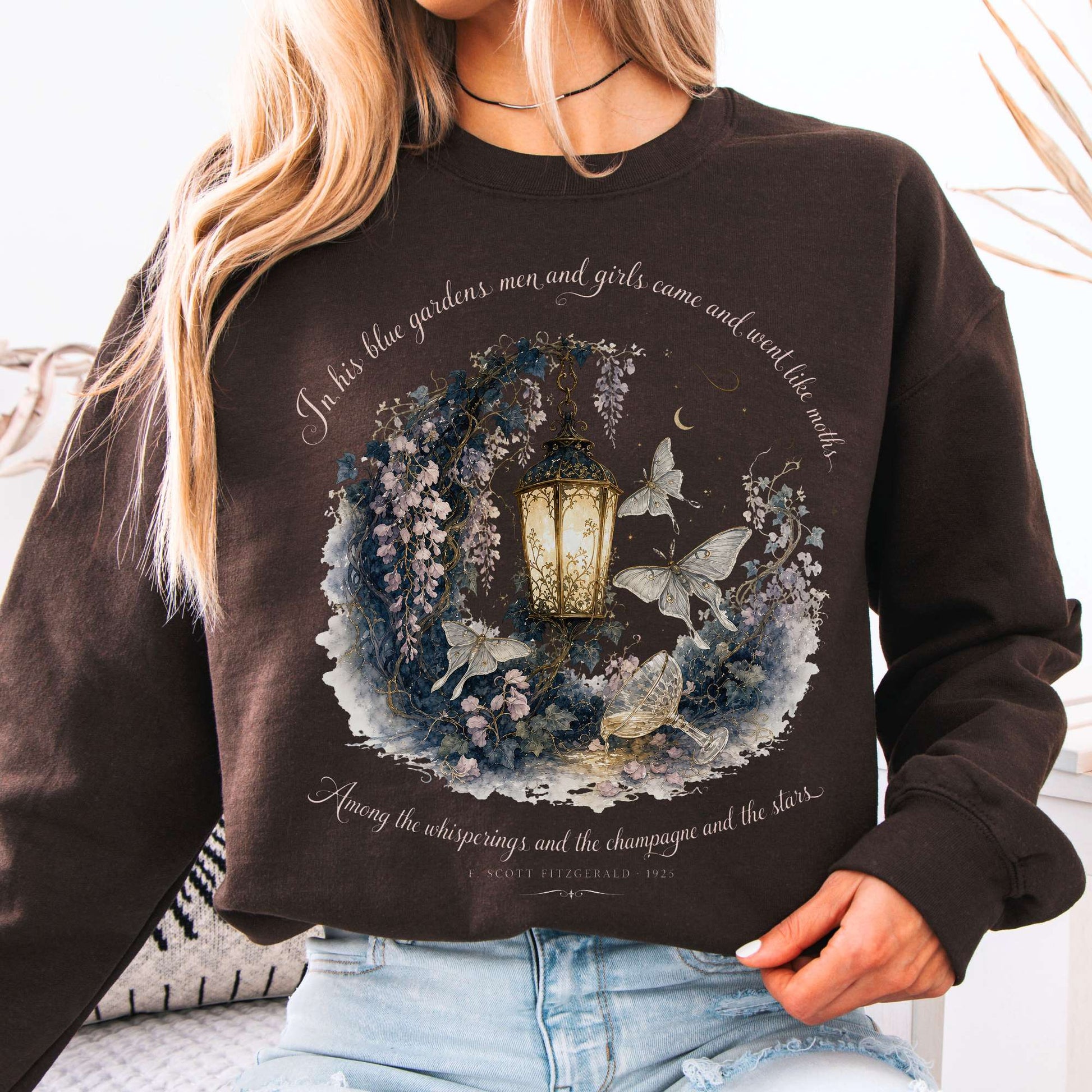 Sweatshirt Dark Chocolate / S In His Blue Gardens The Great Gatsby Literary Crewneck Sweatshirt The Mystic Eden