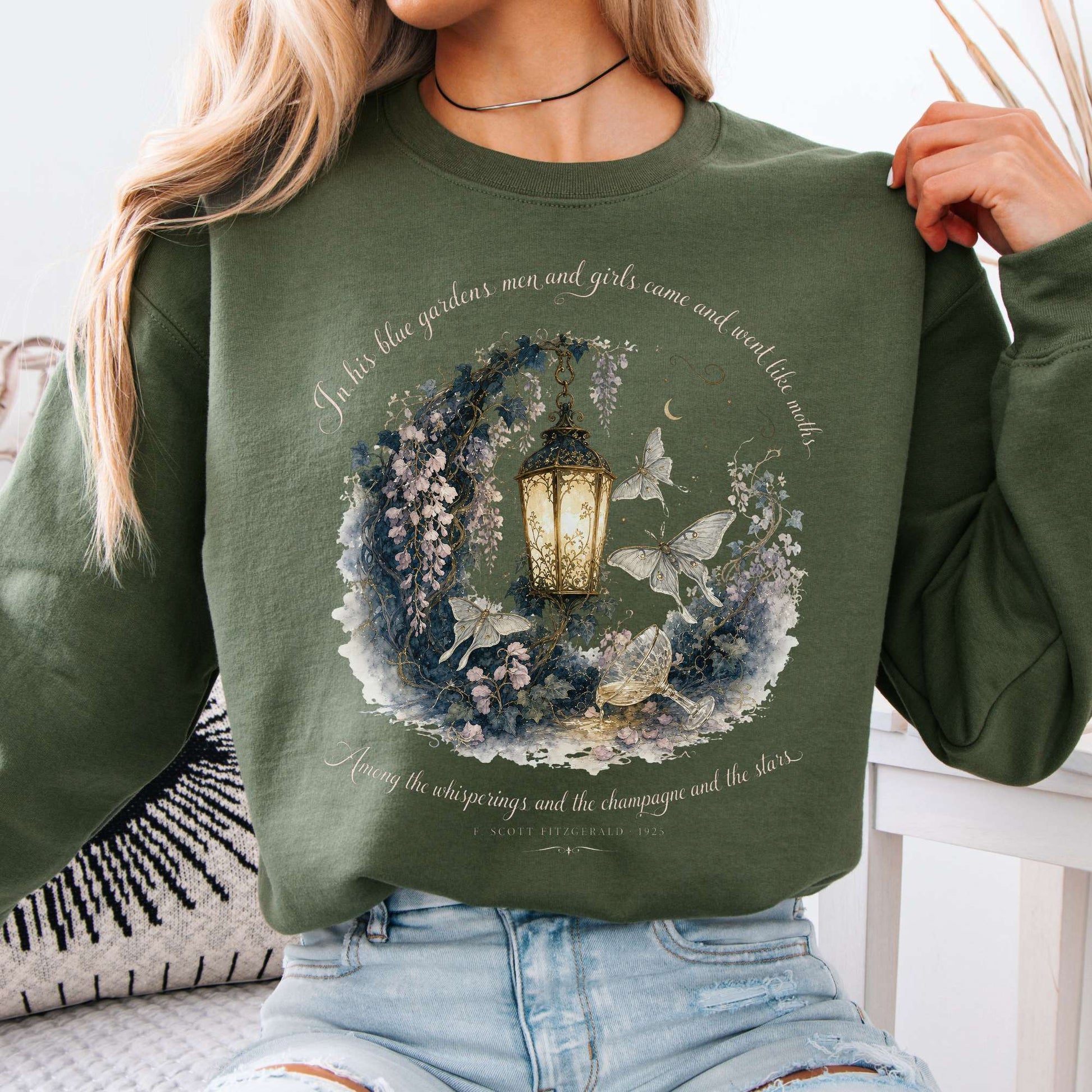 Sweatshirt Military Green / S In His Blue Gardens The Great Gatsby Literary Crewneck Sweatshirt The Mystic Eden