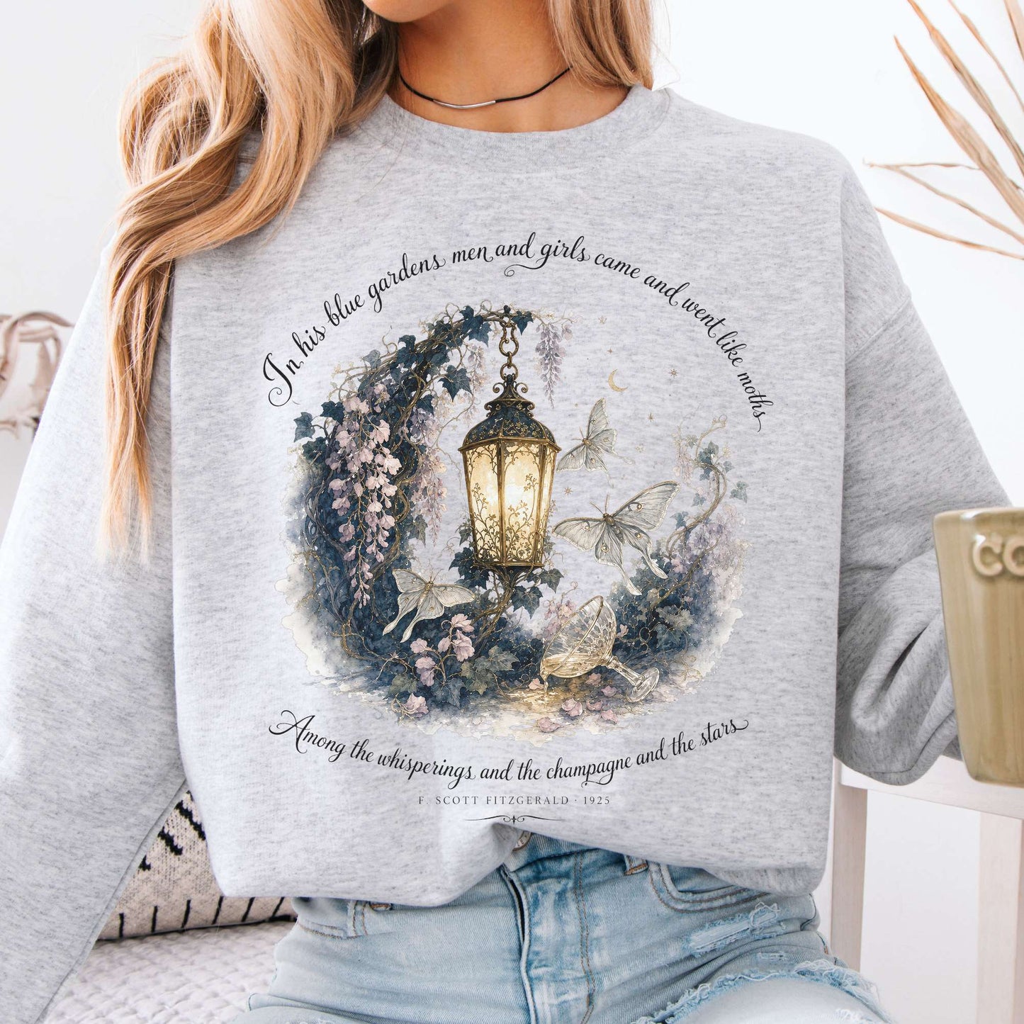 Sweatshirt Ash / S In His Blue Gardens The Great Gatsby Literary Crewneck Sweatshirt The Mystic Eden