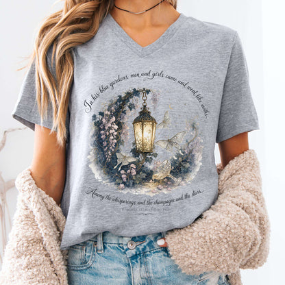 V-neck Athletic Heather / S In His Blue Gardens The Great Gatsby Literary V-Neck The Mystic Eden