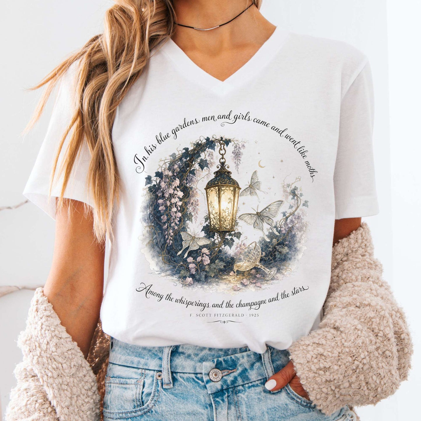 V-neck White / S In His Blue Gardens The Great Gatsby Literary V-Neck The Mystic Eden