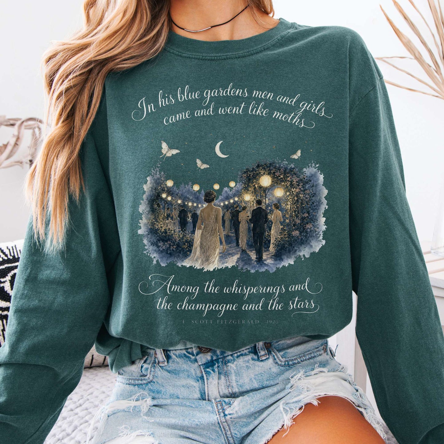 Long-sleeve Blue Spruce / S Among the Whisperings The Great Gatsby Fitzgerald Literary Long Sleeve The Mystic Eden