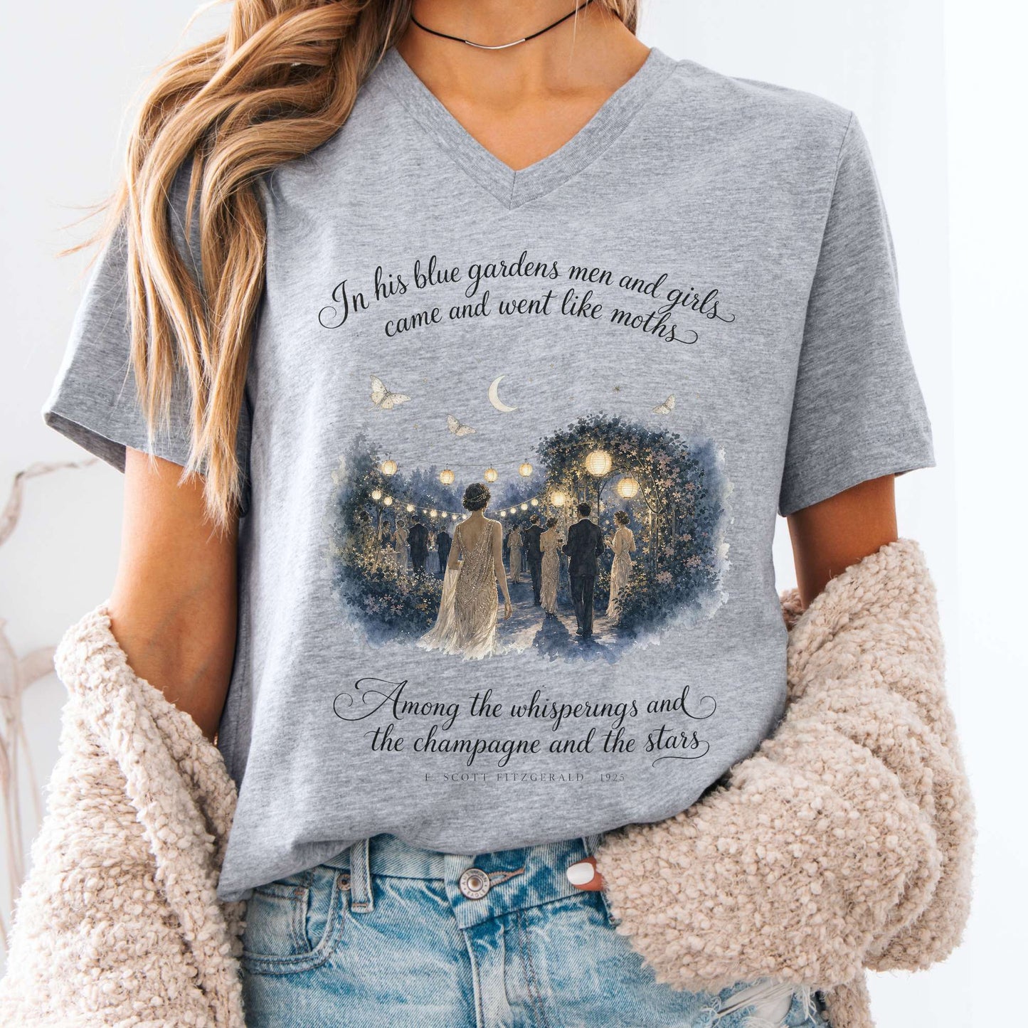 V-neck Athletic Heather / S Among the Whisperings The Great Gatsby Fitzgerald Literary V-Neck The Mystic Eden