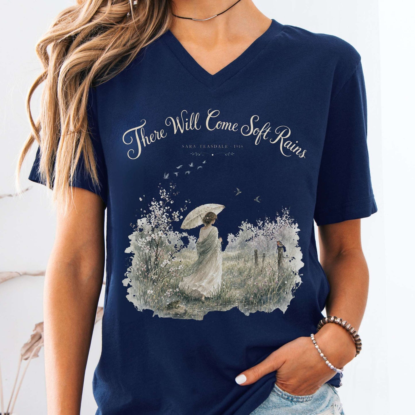V-neck Navy / S There Will Come Soft Rains Sara Teasdale Literary V-Neck The Mystic Eden