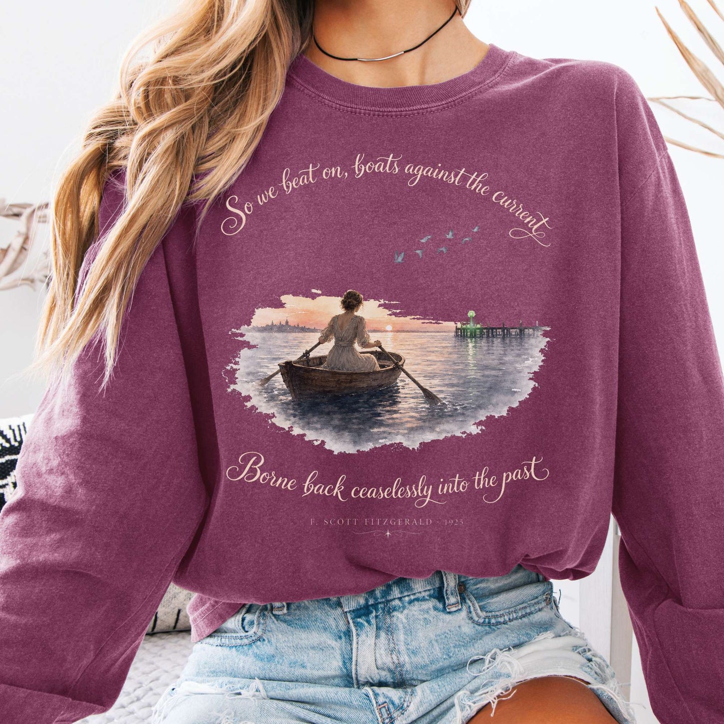 Long-sleeve Berry / S So We Beat On The Great Gatsby Fitzgerald Literary Long Sleeve The Mystic Eden