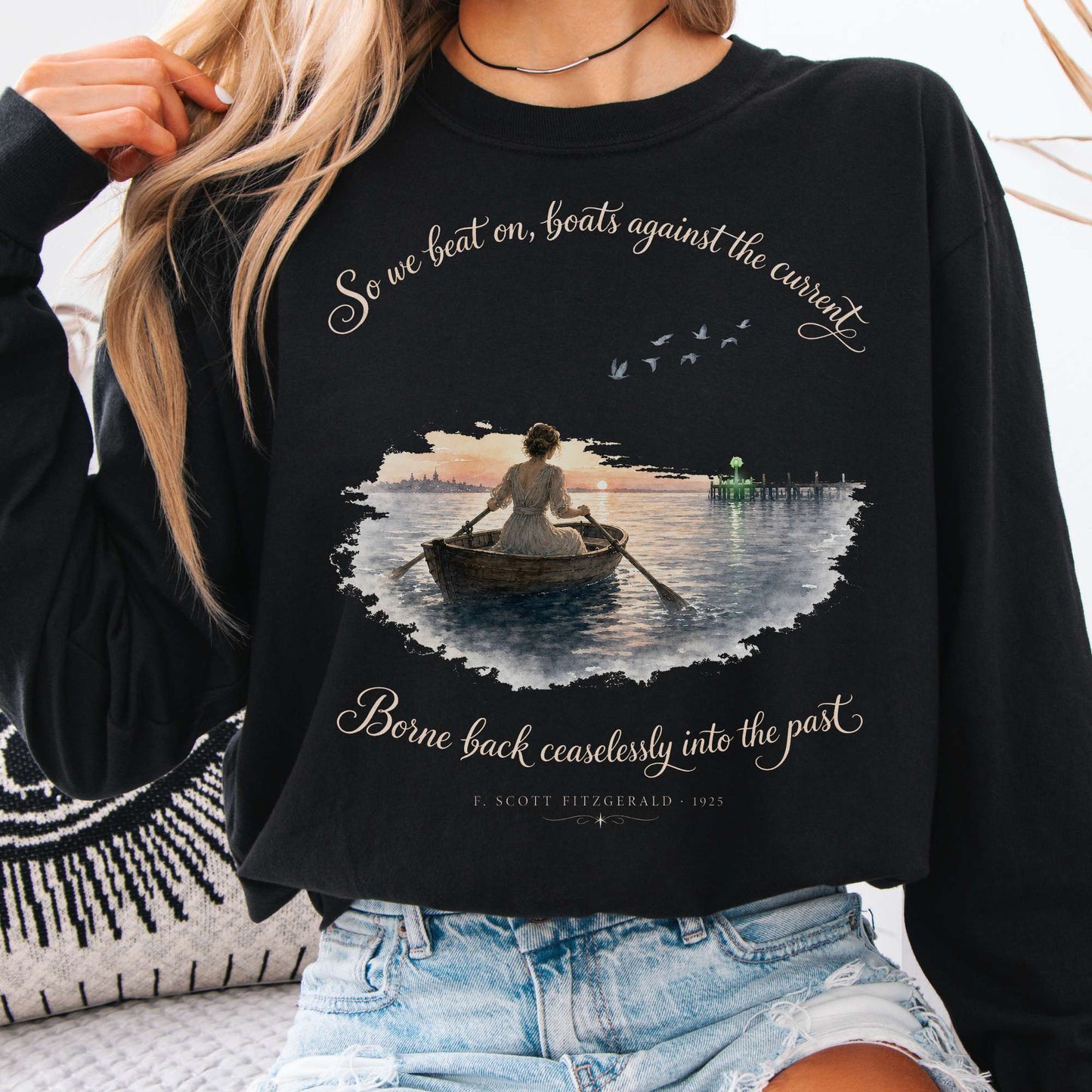 Long-sleeve Black / S So We Beat On The Great Gatsby Fitzgerald Literary Long Sleeve The Mystic Eden