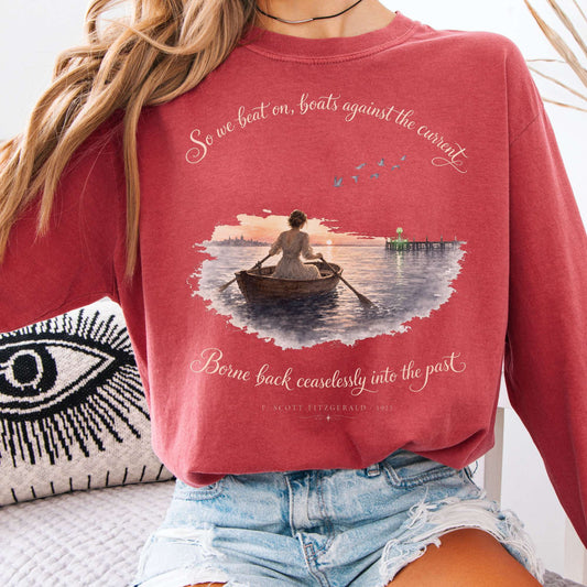 Long-sleeve Crimson / S So We Beat On The Great Gatsby Fitzgerald Literary Long Sleeve The Mystic Eden