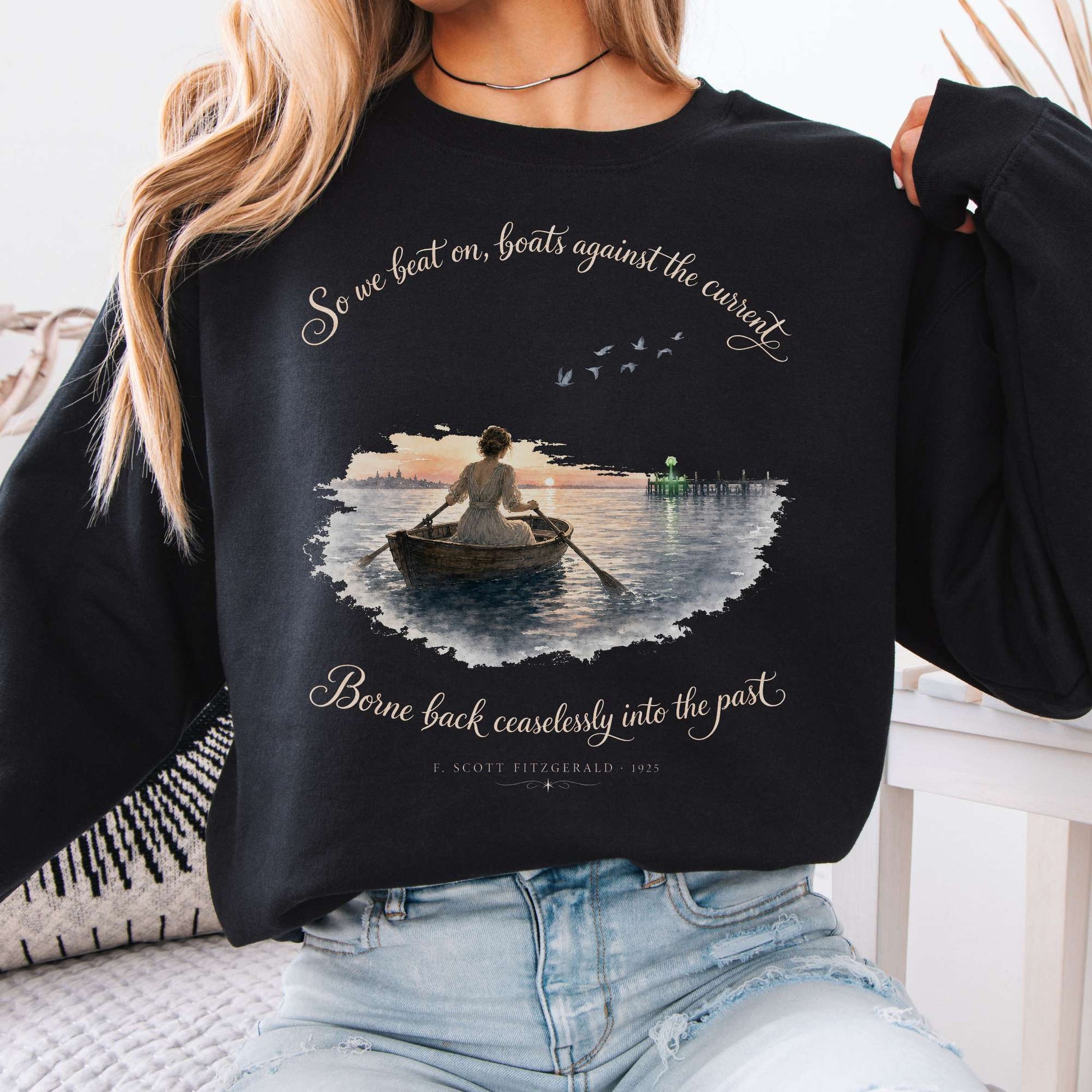 Sweatshirt Black / S So We Beat On The Great Gatsby Fitzgerald Literary Crewneck Sweatshirt The Mystic Eden