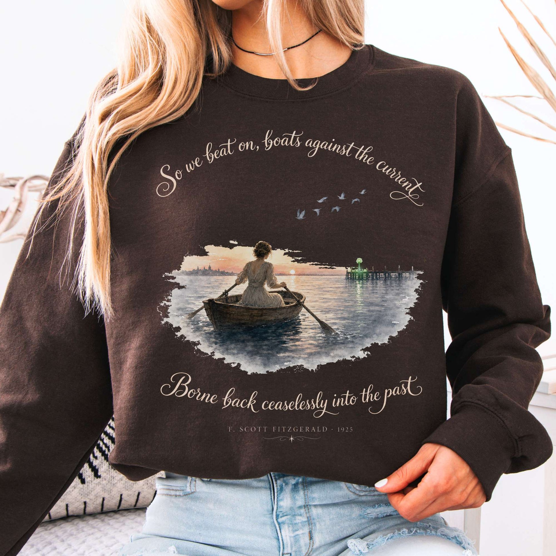 Sweatshirt Dark Chocolate / S So We Beat On The Great Gatsby Fitzgerald Literary Crewneck Sweatshirt The Mystic Eden