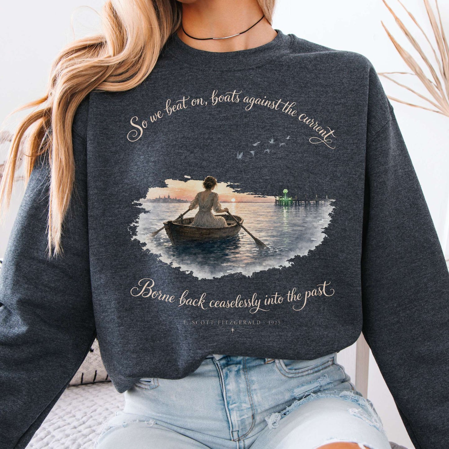 Sweatshirt Dark Heather / S So We Beat On The Great Gatsby Fitzgerald Literary Crewneck Sweatshirt The Mystic Eden