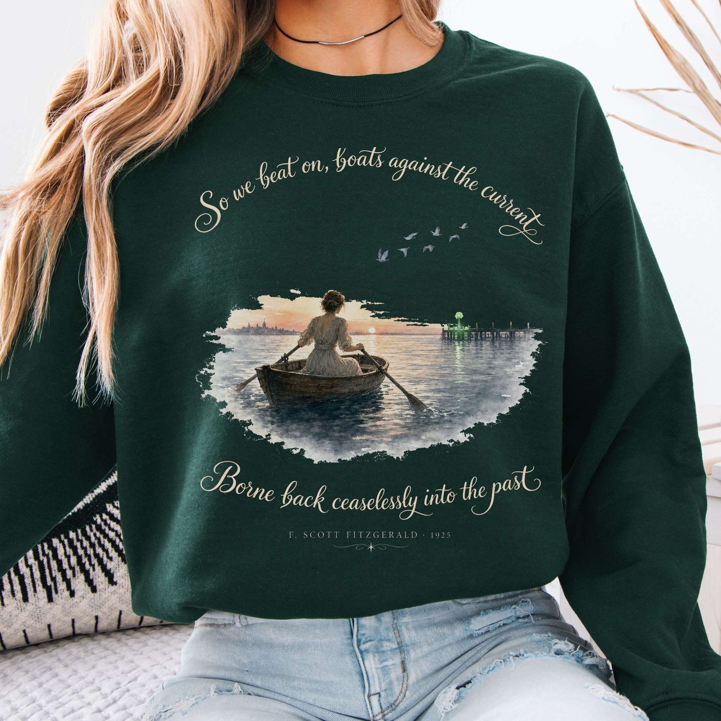 Sweatshirt Forest Green / S So We Beat On The Great Gatsby Fitzgerald Literary Crewneck Sweatshirt The Mystic Eden
