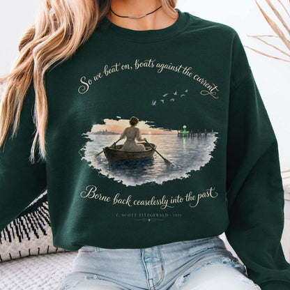 Sweatshirt Forest Green / S So We Beat On The Great Gatsby Fitzgerald Literary Crewneck Sweatshirt The Mystic Eden