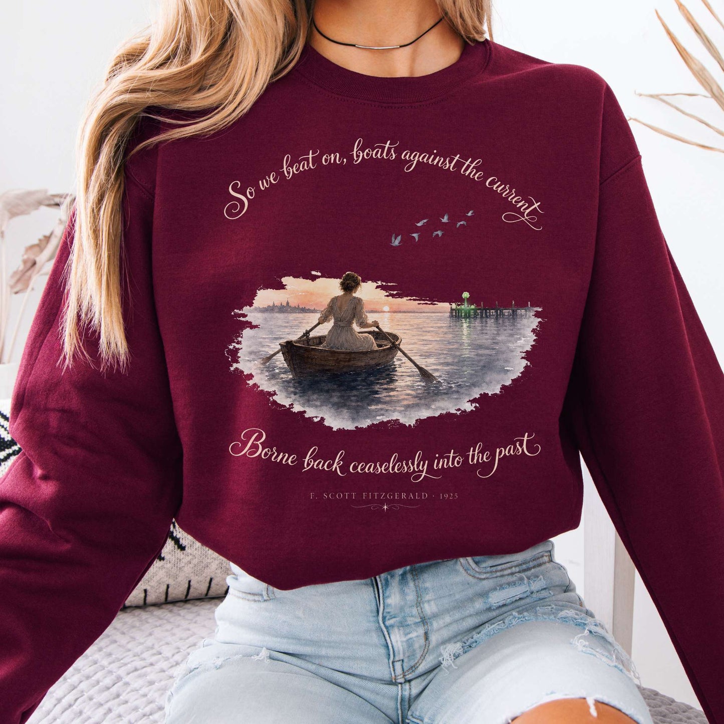 Sweatshirt Maroon / S So We Beat On The Great Gatsby Fitzgerald Literary Crewneck Sweatshirt The Mystic Eden