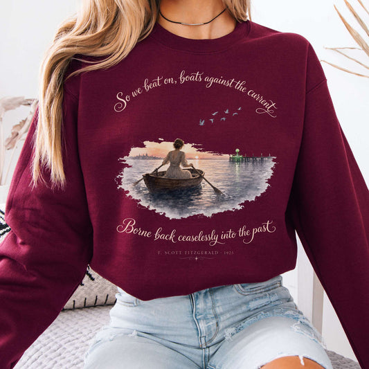 Sweatshirt Maroon / S So We Beat On The Great Gatsby Fitzgerald Literary Crewneck Sweatshirt The Mystic Eden