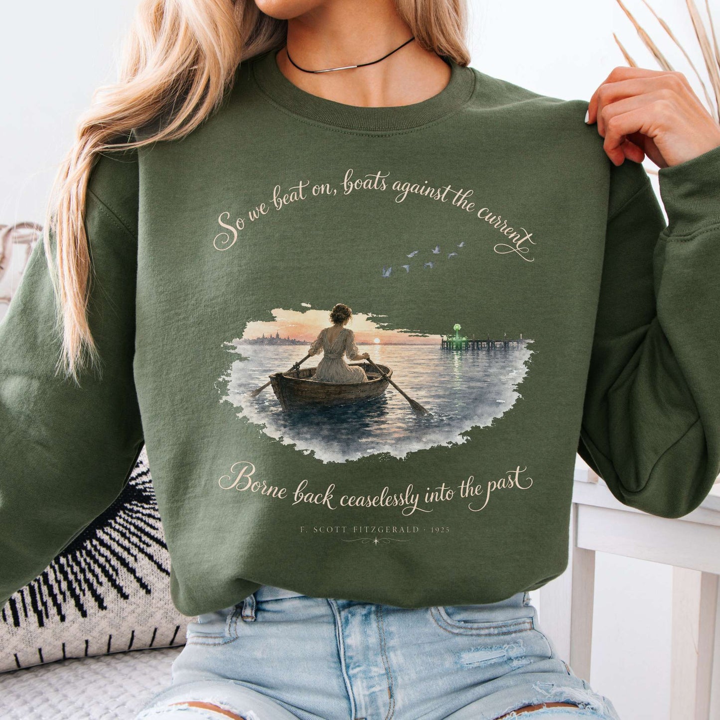 Sweatshirt Military Green / S So We Beat On The Great Gatsby Fitzgerald Literary Crewneck Sweatshirt The Mystic Eden