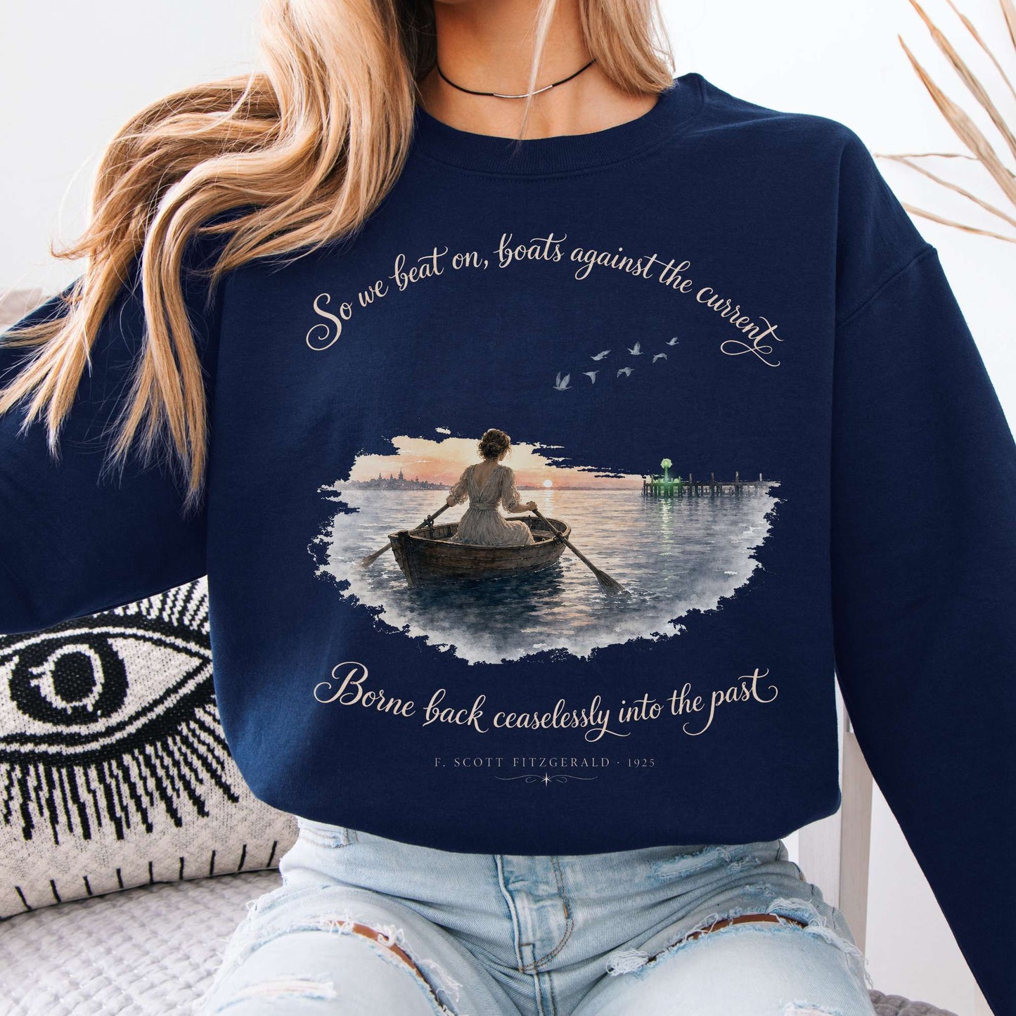 Sweatshirt Navy / S So We Beat On The Great Gatsby Fitzgerald Literary Crewneck Sweatshirt The Mystic Eden
