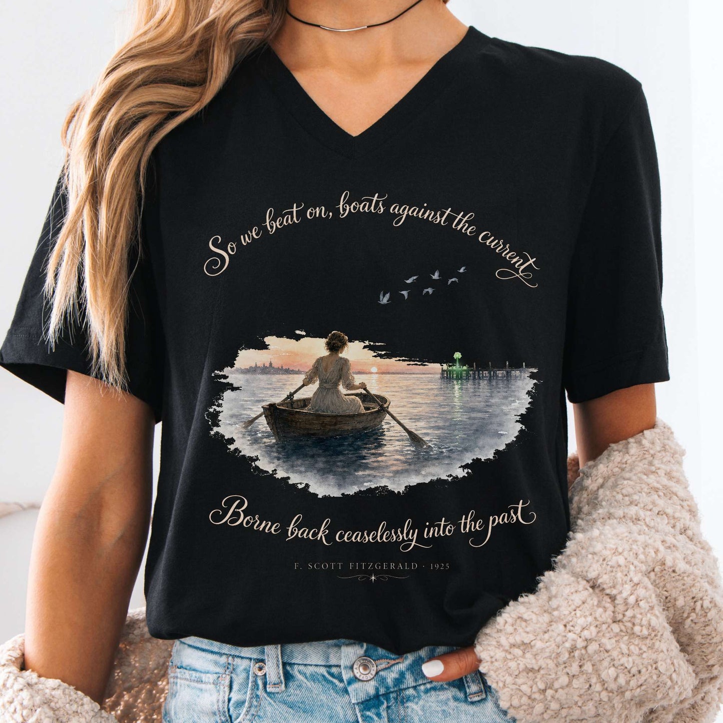 V-neck Black / S So We Beat On The Great Gatsby Fitzgerald Literary V-Neck The Mystic Eden