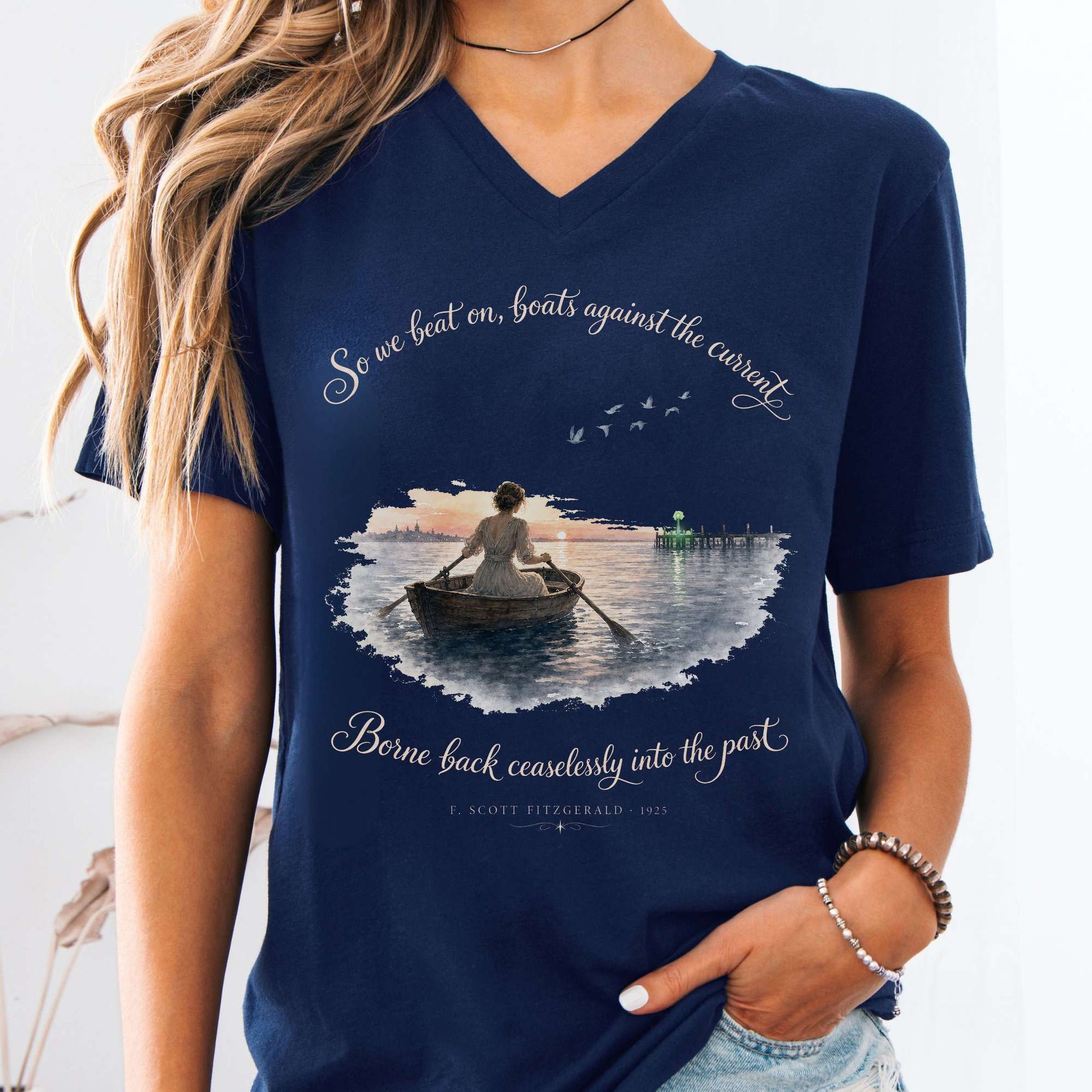 V-neck So We Beat On The Great Gatsby Fitzgerald Literary V-Neck The Mystic Eden