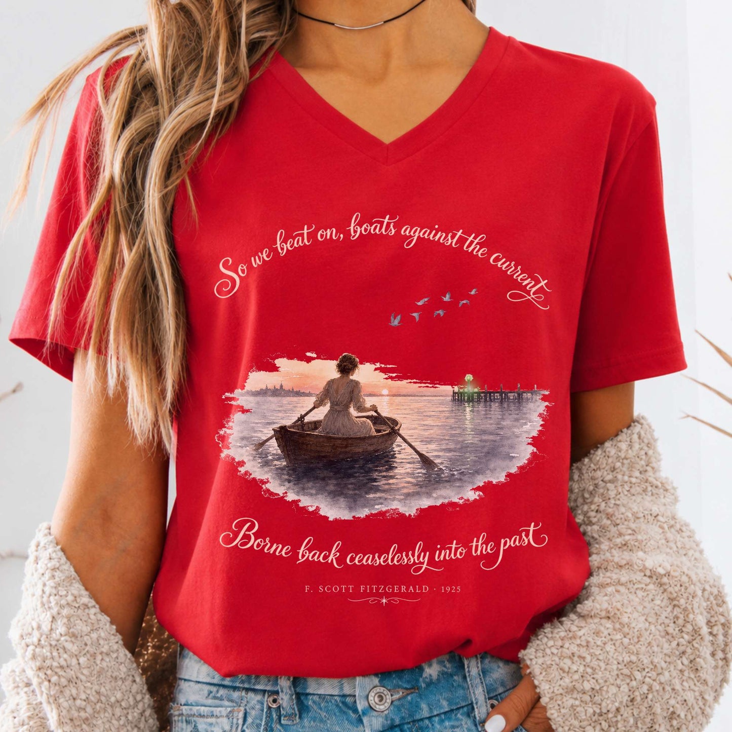 So We Beat On The Great Gatsby Fitzgerald Literary V-Neck