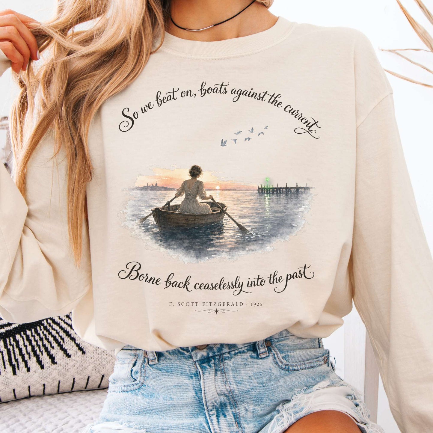Long-sleeve Ivory / S So We Beat On The Great Gatsby Fitzgerald Literary Long Sleeve The Mystic Eden