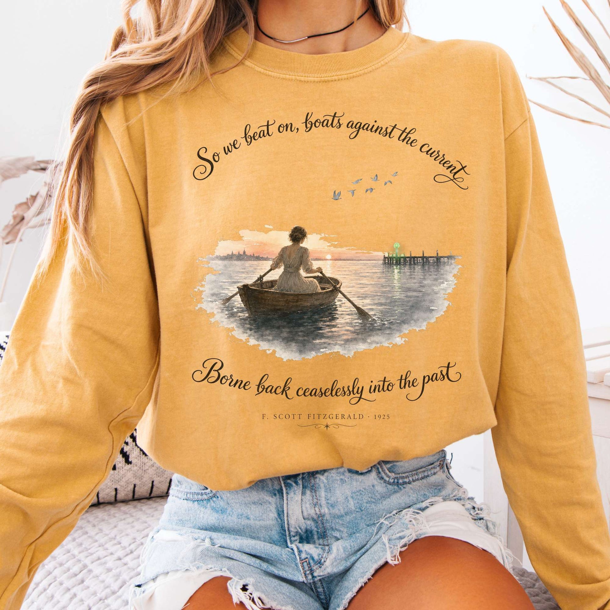 Long-sleeve Mustard / S So We Beat On The Great Gatsby Fitzgerald Literary Long Sleeve The Mystic Eden