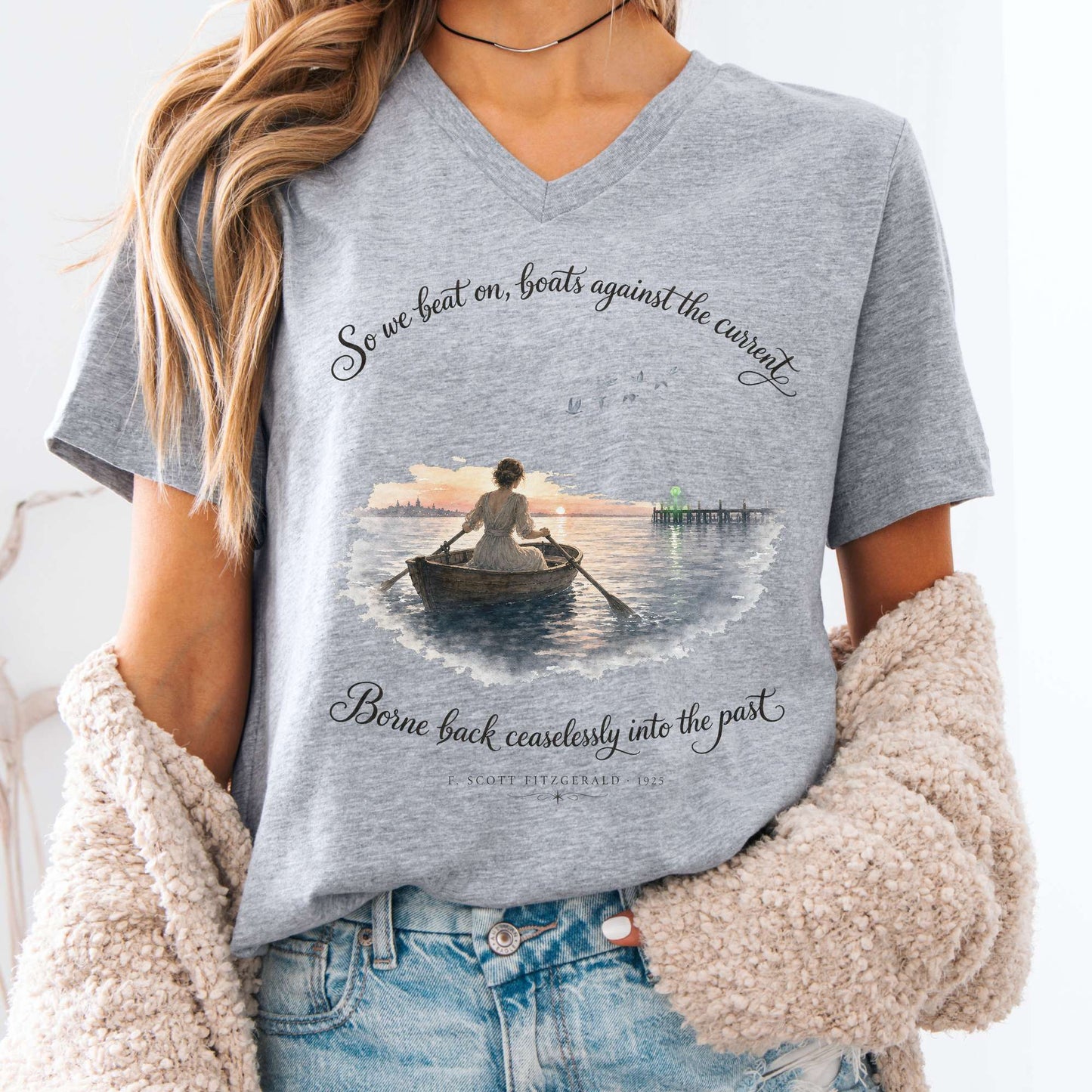 V-neck Athletic Heather / S So We Beat On The Great Gatsby Fitzgerald Literary V-Neck The Mystic Eden