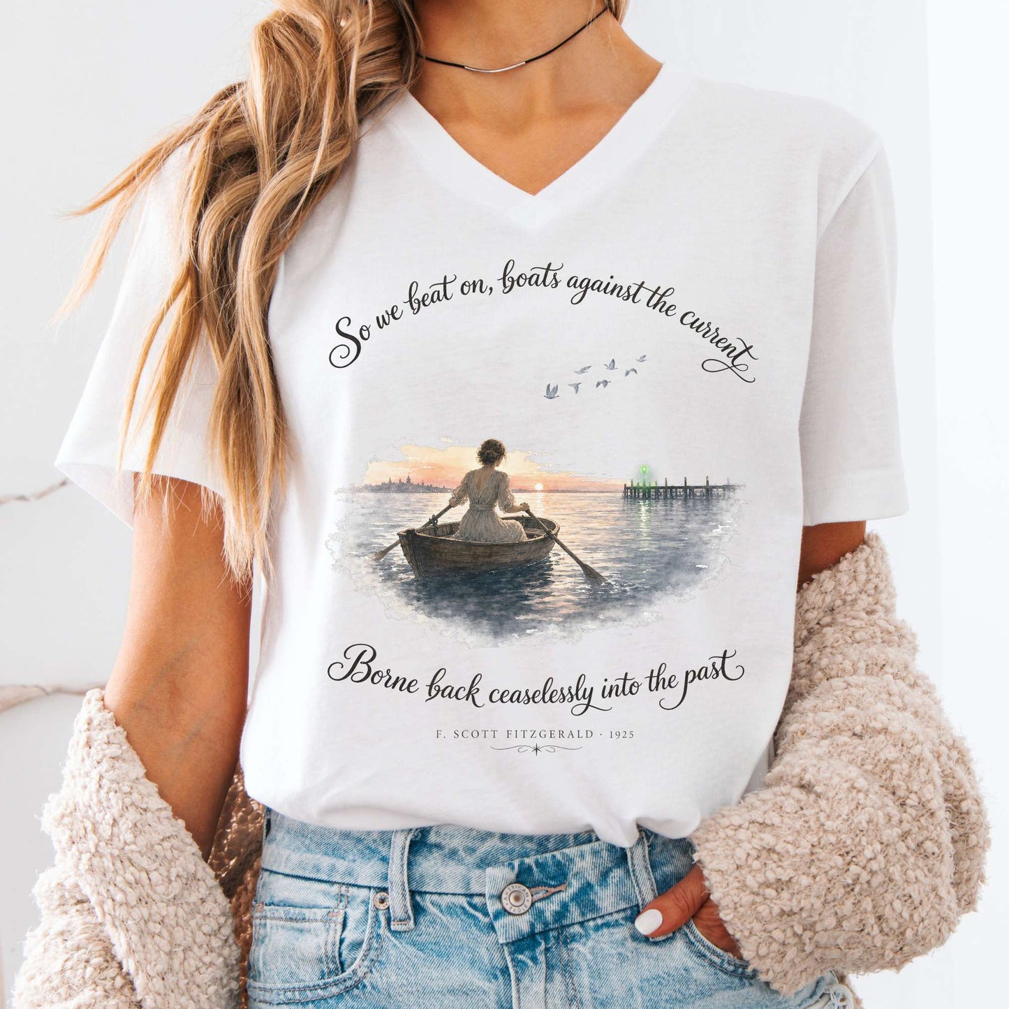V-neck White / S So We Beat On The Great Gatsby Fitzgerald Literary V-Neck The Mystic Eden