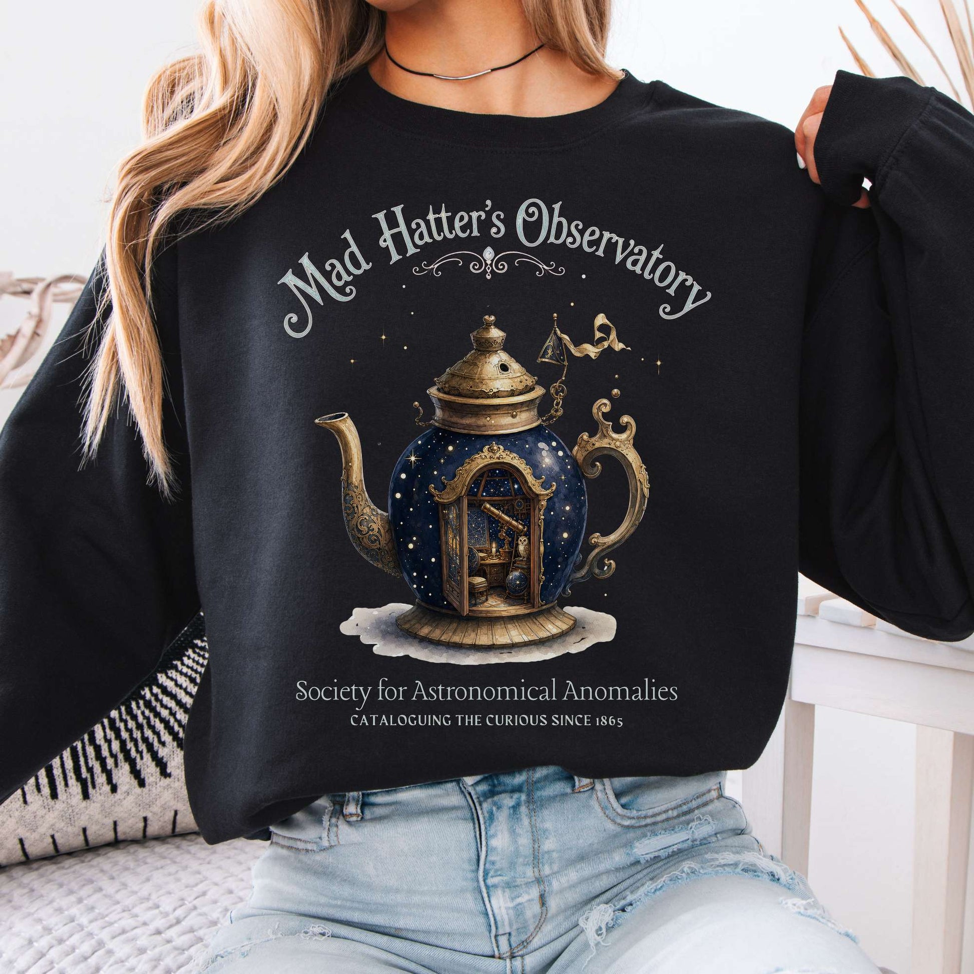 Sweatshirt Black / S Mad Hatter's Observatory Lewis Carroll Literary Crewneck Sweatshirt The Mystic Eden