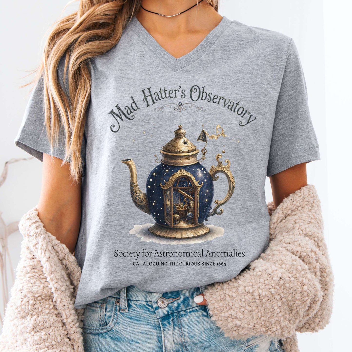 V-neck Athletic Heather / S Mad Hatter's Observatory Lewis Carroll Literary V-Neck The Mystic Eden