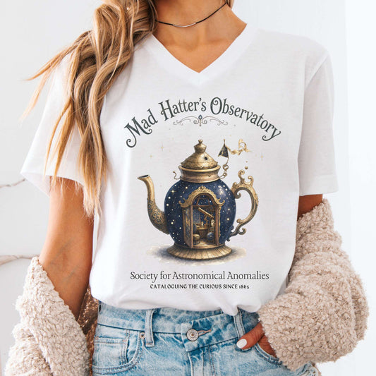 V-neck White / S Mad Hatter's Observatory Lewis Carroll Literary V-Neck The Mystic Eden