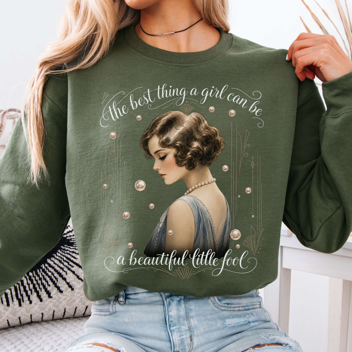 Sweatshirt Military Green / S A Beautiful Little Fool The Great Gatsby Literary Crewneck Sweatshirt The Mystic Eden