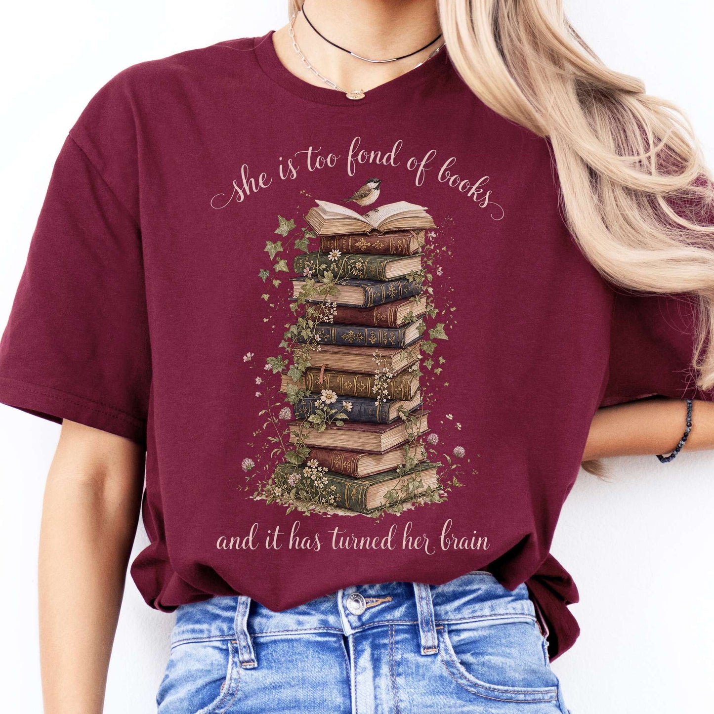 She Is Too Fond of Books Louisa May Alcott Literary T-Shirt