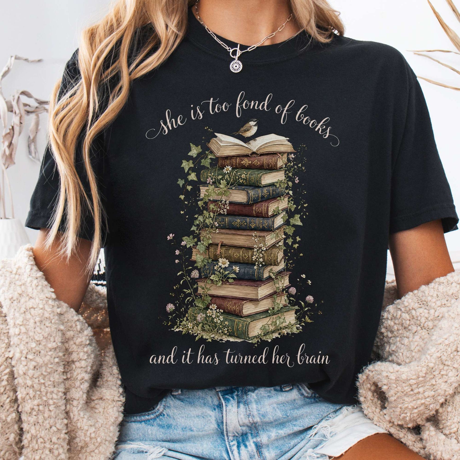 T-Shirt Black / S She Is Too Fond of Books Louisa May Alcott Literary T-Shirt The Mystic Eden