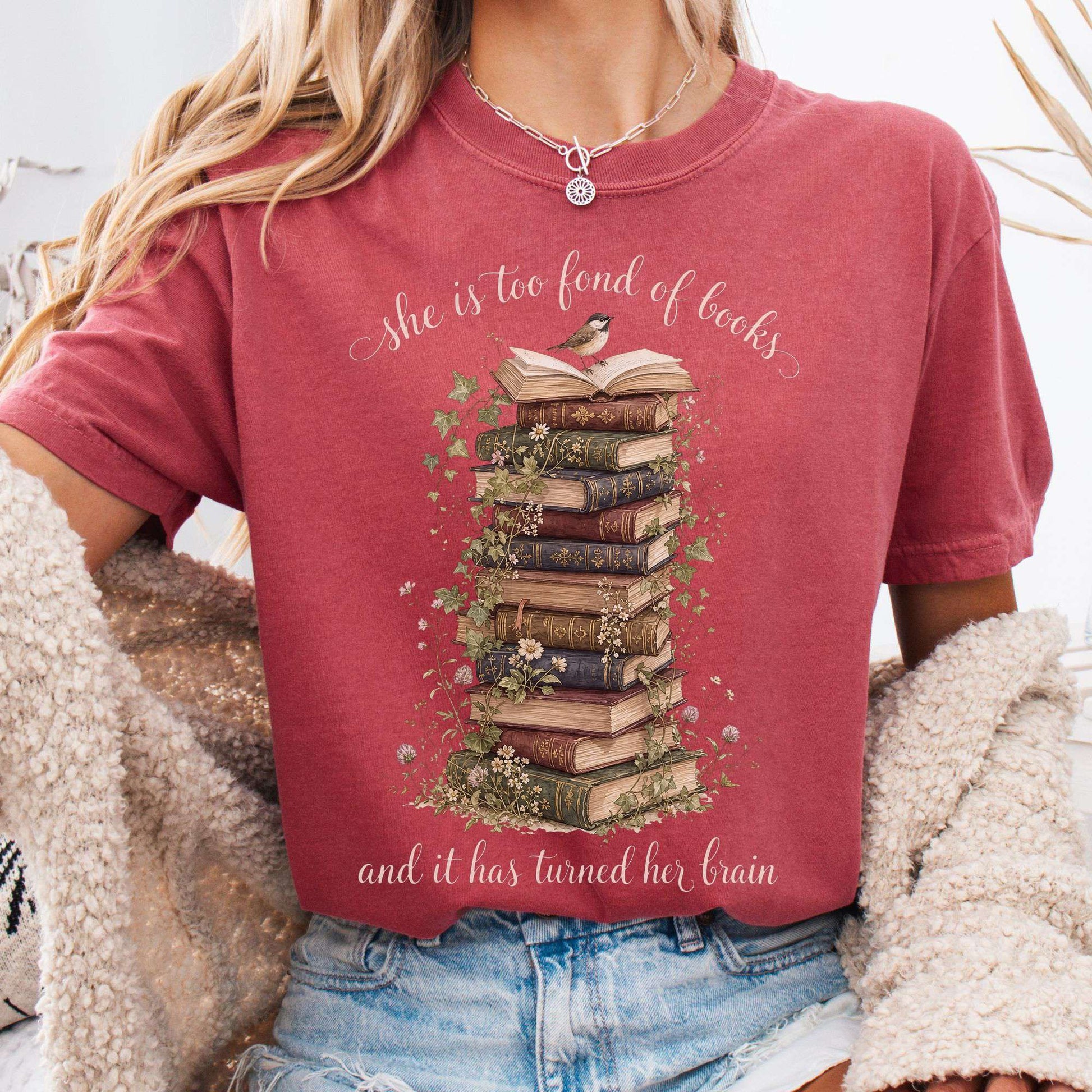 T-Shirt Crimson / S She Is Too Fond of Books Louisa May Alcott Literary T-Shirt The Mystic Eden