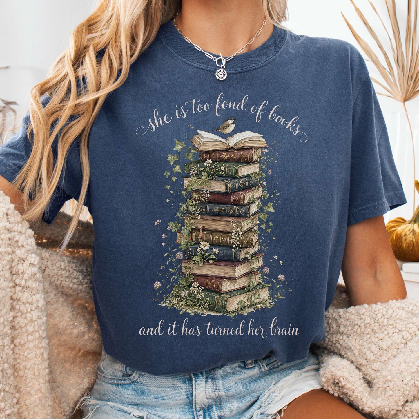 T-Shirt Denim / S She Is Too Fond of Books Louisa May Alcott Literary T-Shirt The Mystic Eden