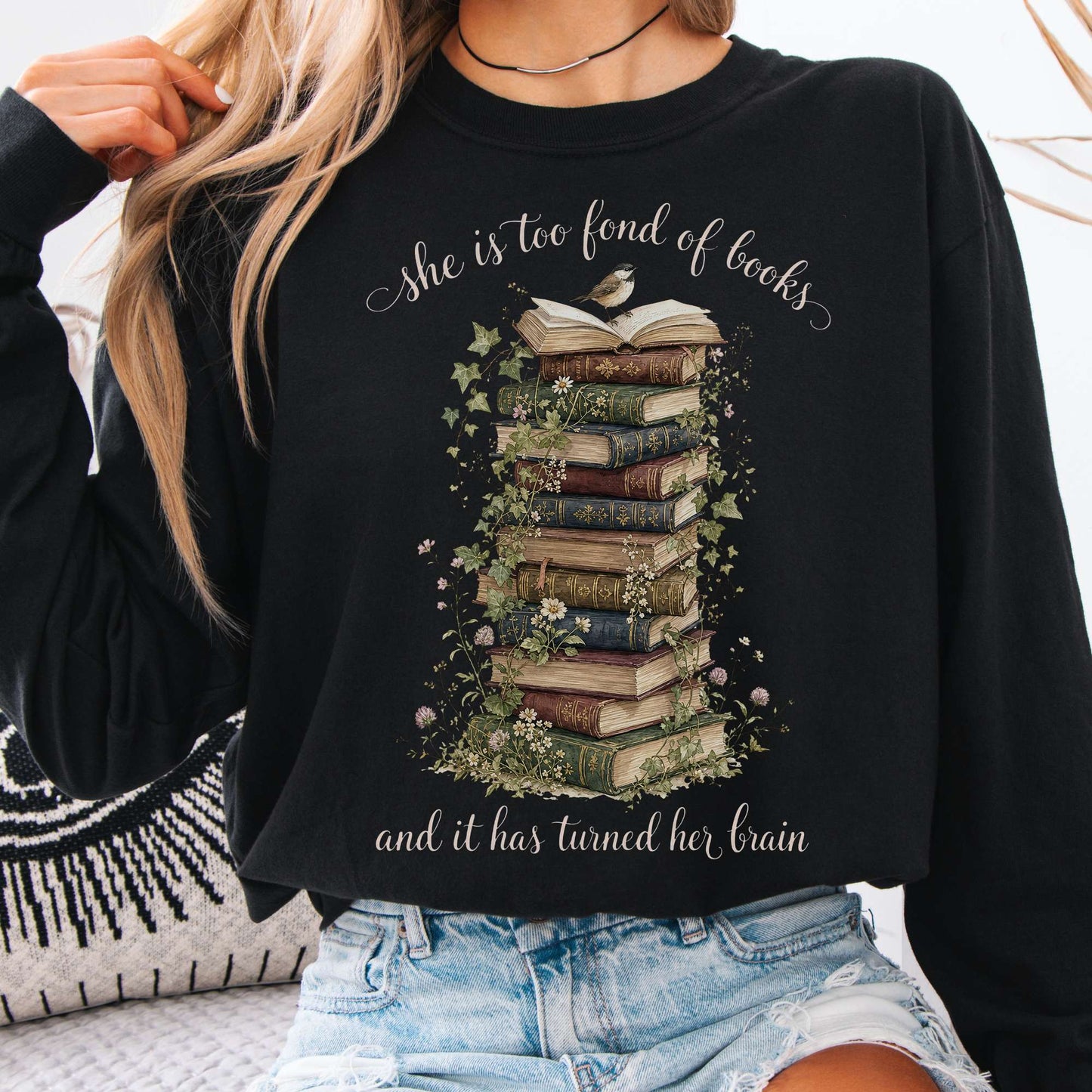 Long-sleeve Black / S She Is Too Fond of Books Louisa May Alcott Literary Long Sleeve The Mystic Eden