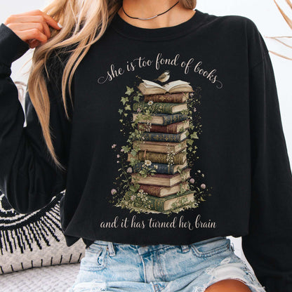 Long-sleeve Black / S She Is Too Fond of Books Louisa May Alcott Literary Long Sleeve The Mystic Eden