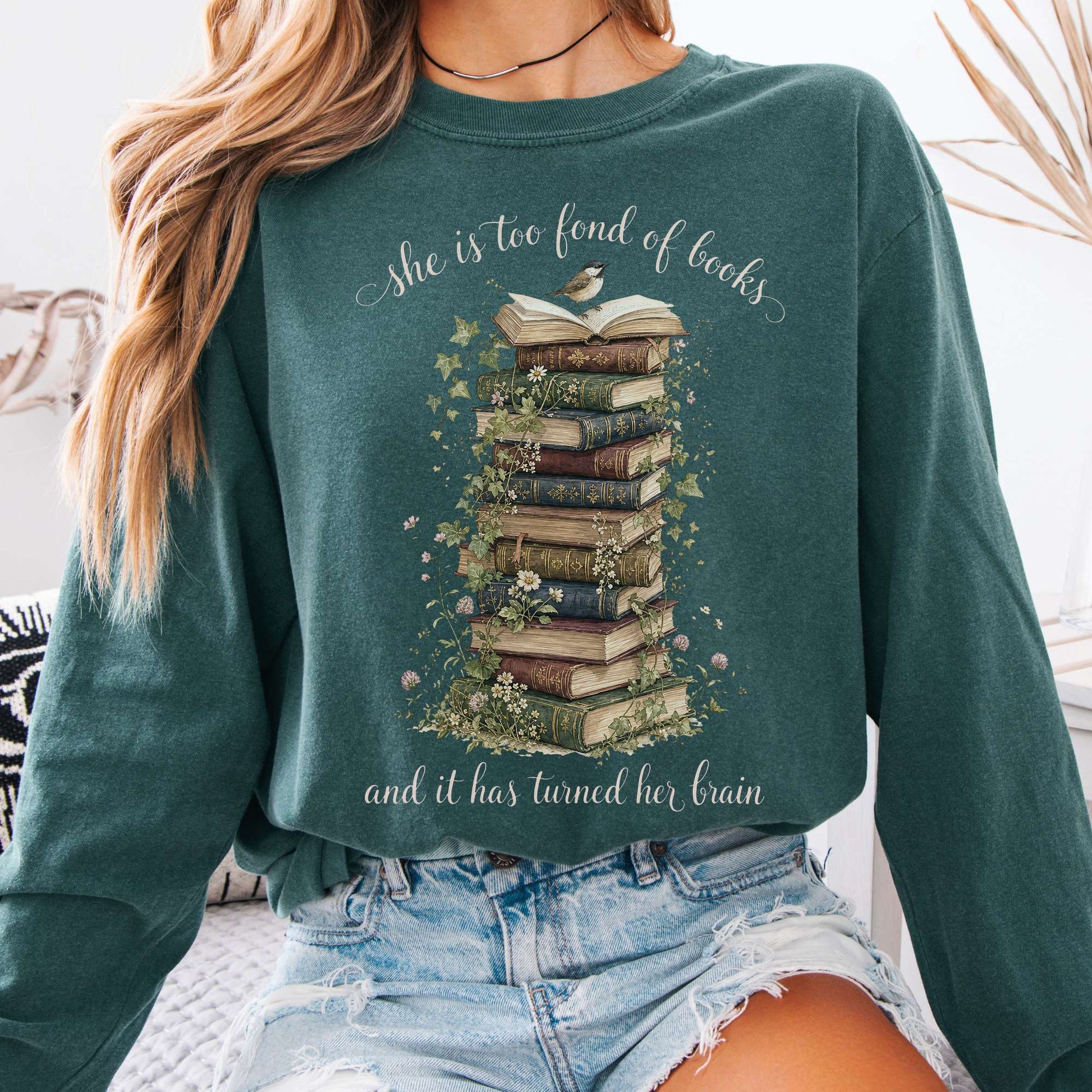 Long-sleeve Blue Spruce / S She Is Too Fond of Books Louisa May Alcott Literary Long Sleeve The Mystic Eden