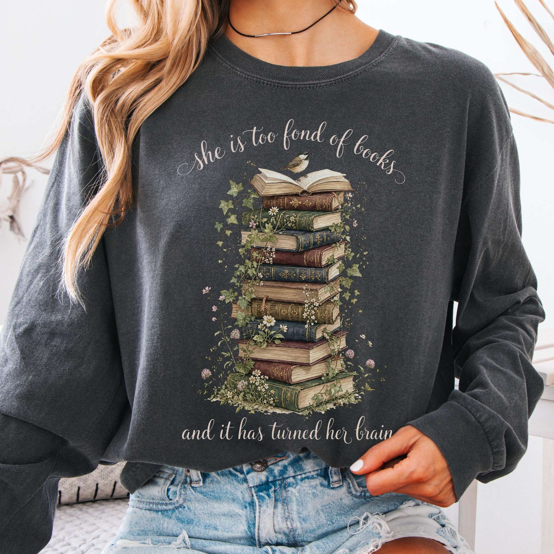 Long-sleeve Pepper / S She Is Too Fond of Books Louisa May Alcott Literary Long Sleeve The Mystic Eden