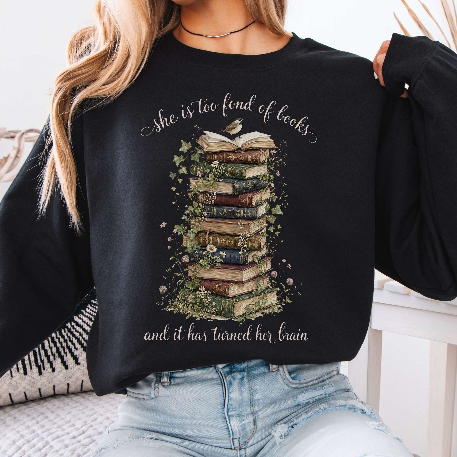 Black - She Is Too Fond of Books Louisa May Alcott Literary Crewneck Sweatshirt