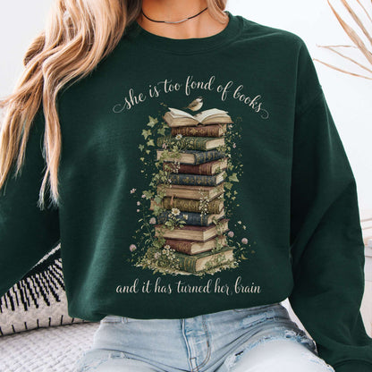 Forest Green - She Is Too Fond of Books Louisa May Alcott Literary Crewneck Sweatshirt