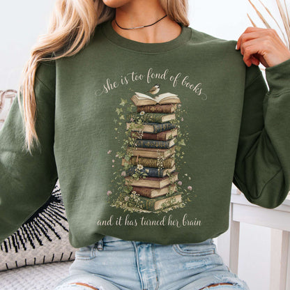 Military Green - She Is Too Fond of Books Louisa May Alcott Literary Crewneck Sweatshirt
