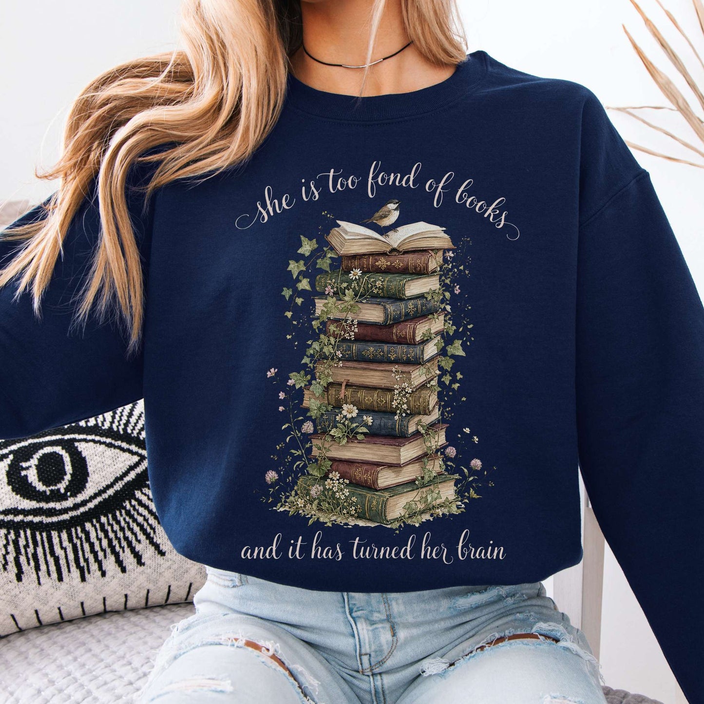 Navy - She Is Too Fond of Books Louisa May Alcott Literary Crewneck Sweatshirt