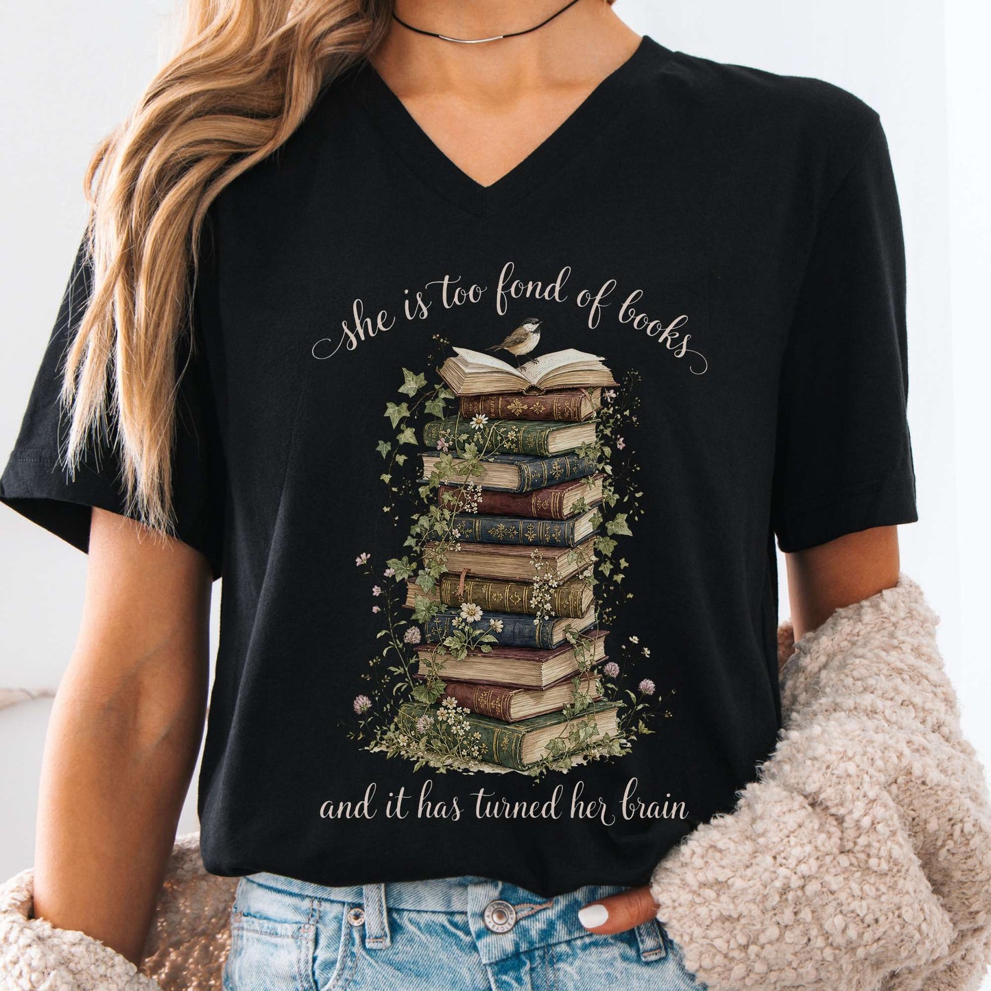 V-neck Black / S She Is Too Fond of Books Louisa May Alcott Literary V-Neck The Mystic Eden