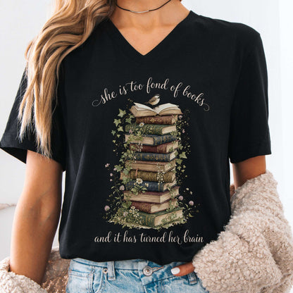 V-neck Black / S She Is Too Fond of Books Louisa May Alcott Literary V-Neck The Mystic Eden