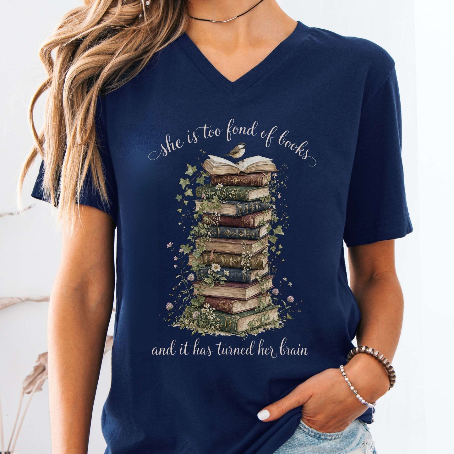 V-neck Navy / S She Is Too Fond of Books Louisa May Alcott Literary V-Neck The Mystic Eden