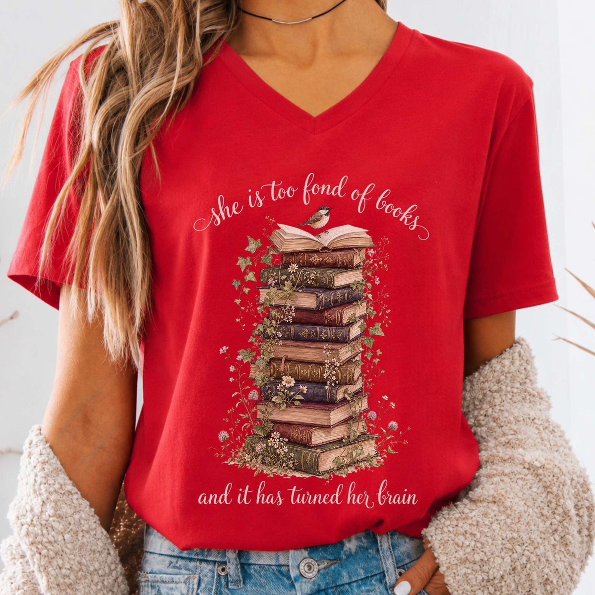 She Is Too Fond of Books Louisa May Alcott Literary V-Neck