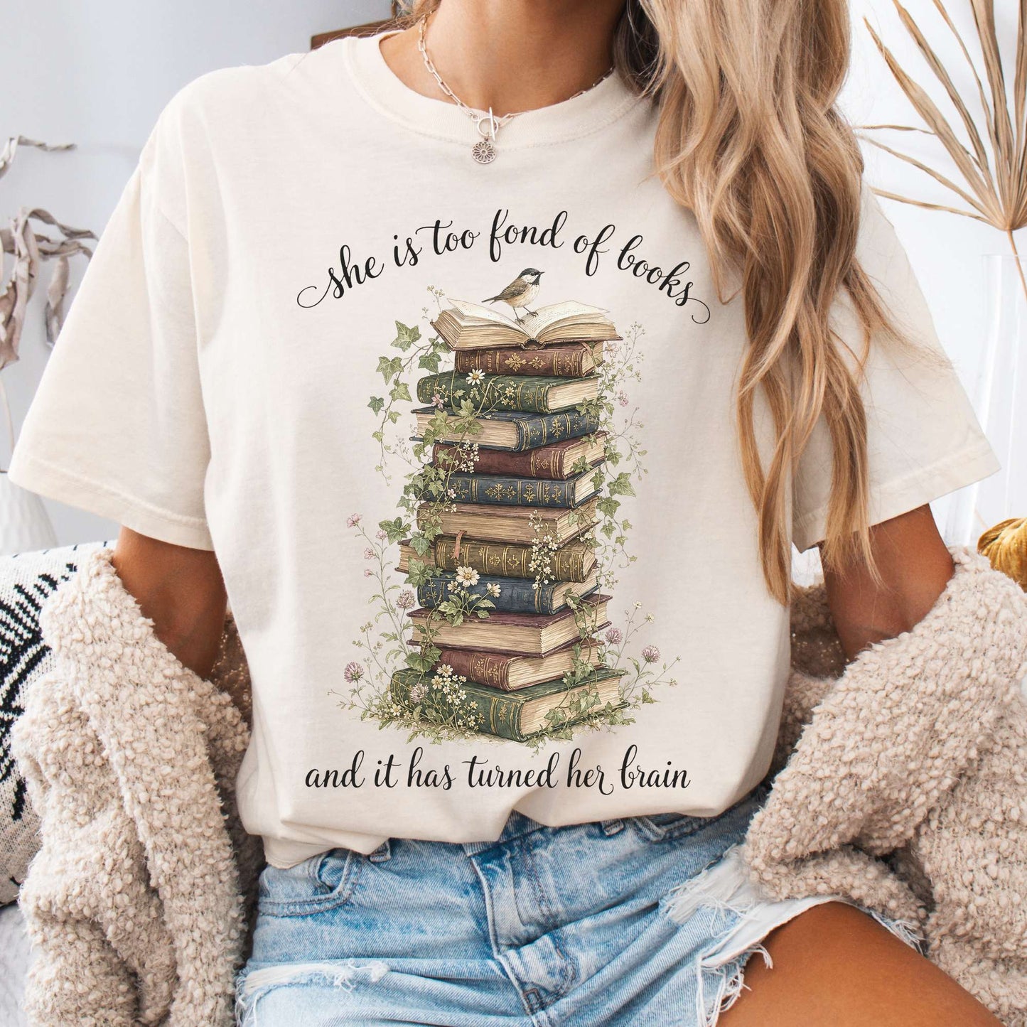 T-Shirt Ivory / S She Is Too Fond of Books Louisa May Alcott Literary T-Shirt The Mystic Eden